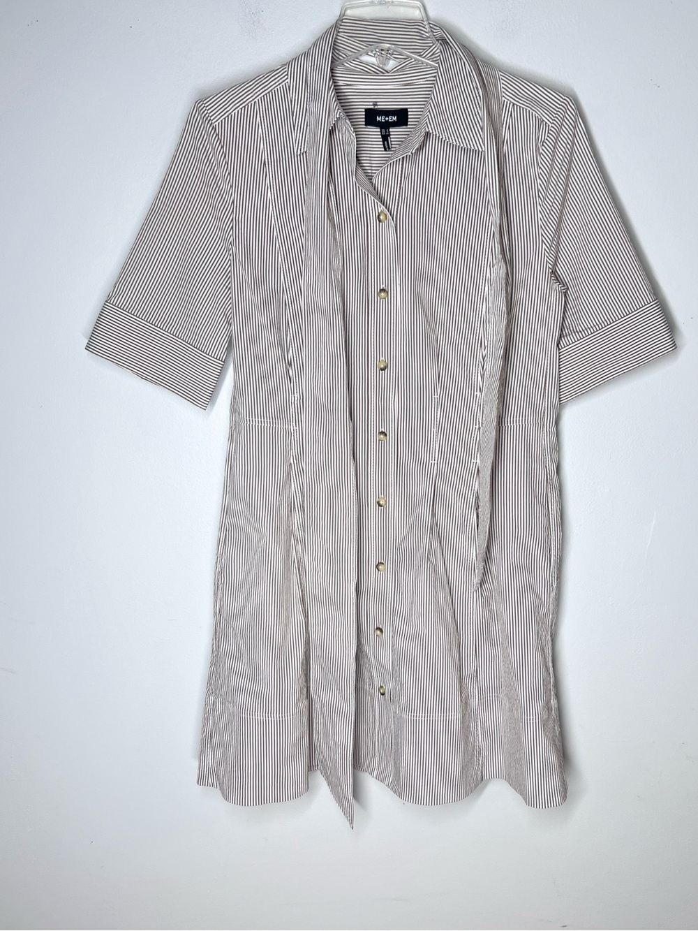 ME+EM Seersucker Stripe Mini Shirt Dress With Belt Chocolate/White Sz 4 - Picture 3 of 9